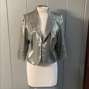 Alex Evenings Beaded Jacket Iridescent Metallic Green Gray Holiday Glam Party